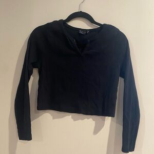 Black Long Sleeve Women's Crop Top Notch Neck